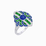 Geometric Art Deco-Style Ring with French-Cut Accents Custom Center Stone Mounting | Hand-Applied Milgrain Detailing - Shahin Jewelry